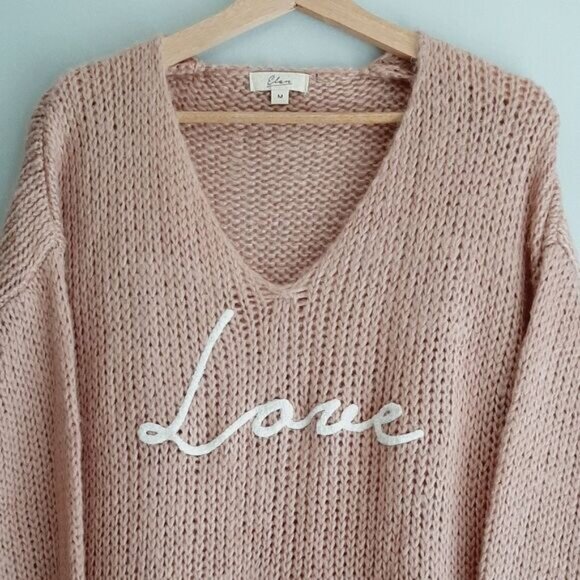 ELAN "Love" V-neck Pullover Knit Sweater Top Light Pink Sz M - Picture 3 of 15